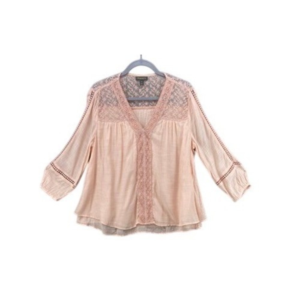 Style & Co Shirt Womens Sz M Boho Embroidered Blouse Peach Lace Mesh V-Neck
